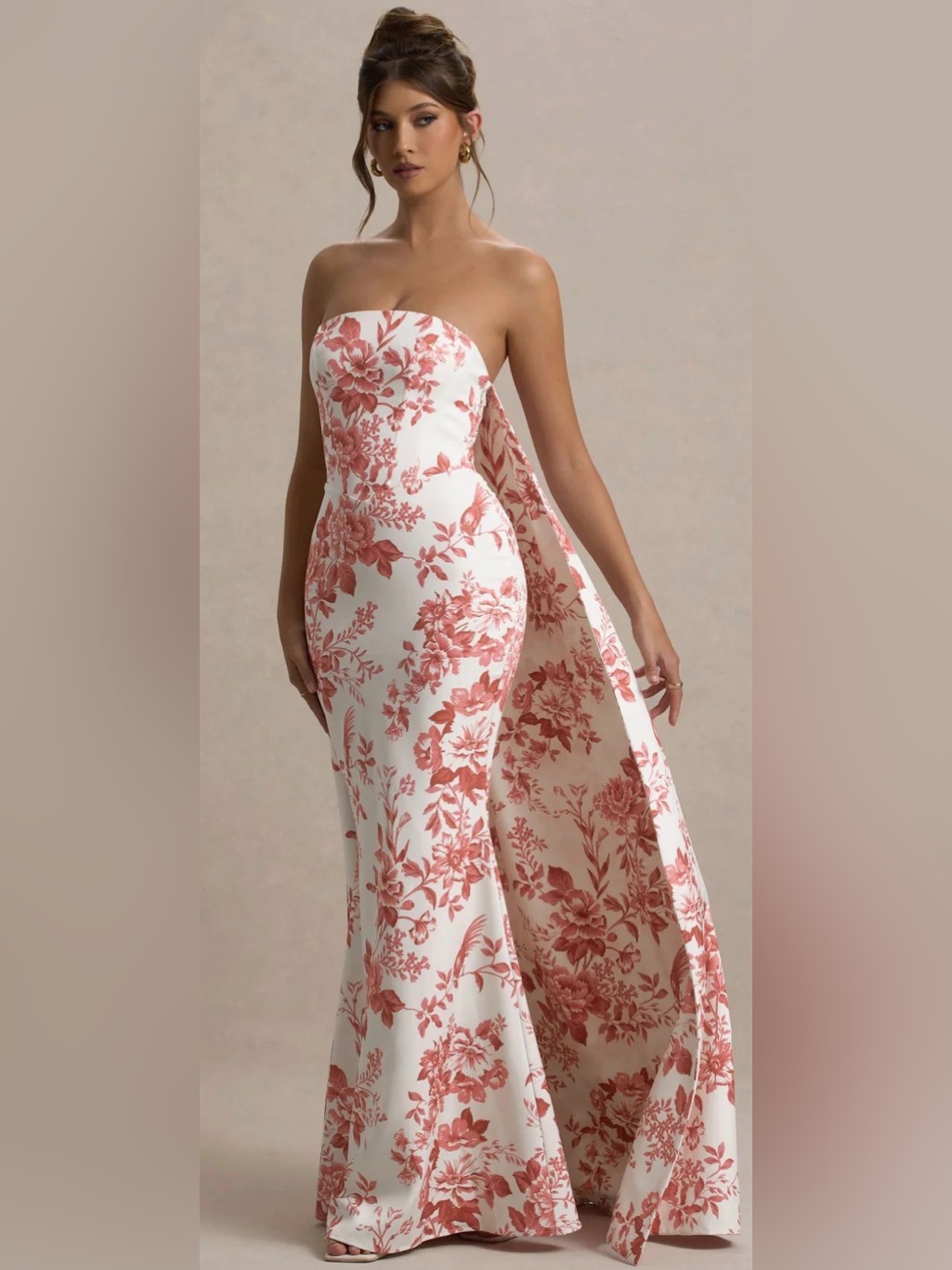 Strapless White Gown With Dusty Rose Floral Print
